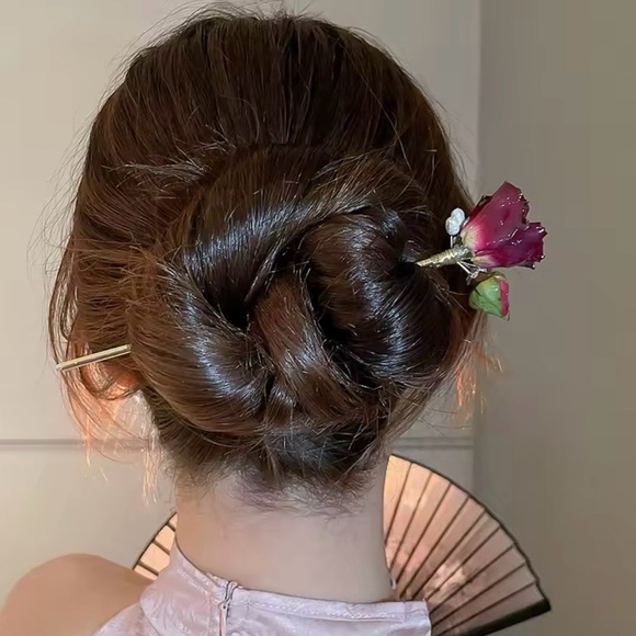Rose Flower Hairpin Stick with Red Flower - Picture 1 of 6